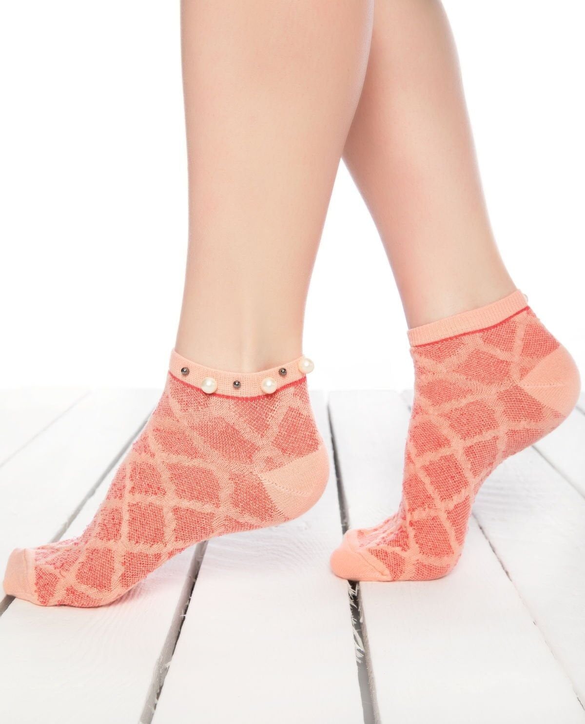 İnci Aksesuarlı Çorap Yavruağzı Kabartmalı Pearly