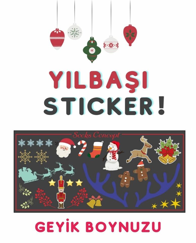 Geyik Boynuz ve Noel Figürlü Su Geçirmez Sticker