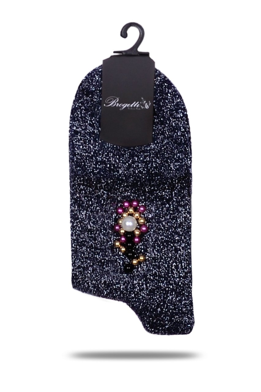 İnci Aksesuarlı Çorap Siyah Gümüş Simli Fiona SİYAH - TEK BEDEN