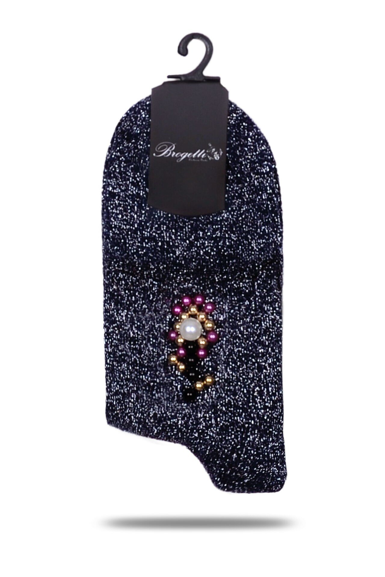 İnci Aksesuarlı Çorap Siyah Gümüş Simli Fiona SİYAH - TEK BEDEN