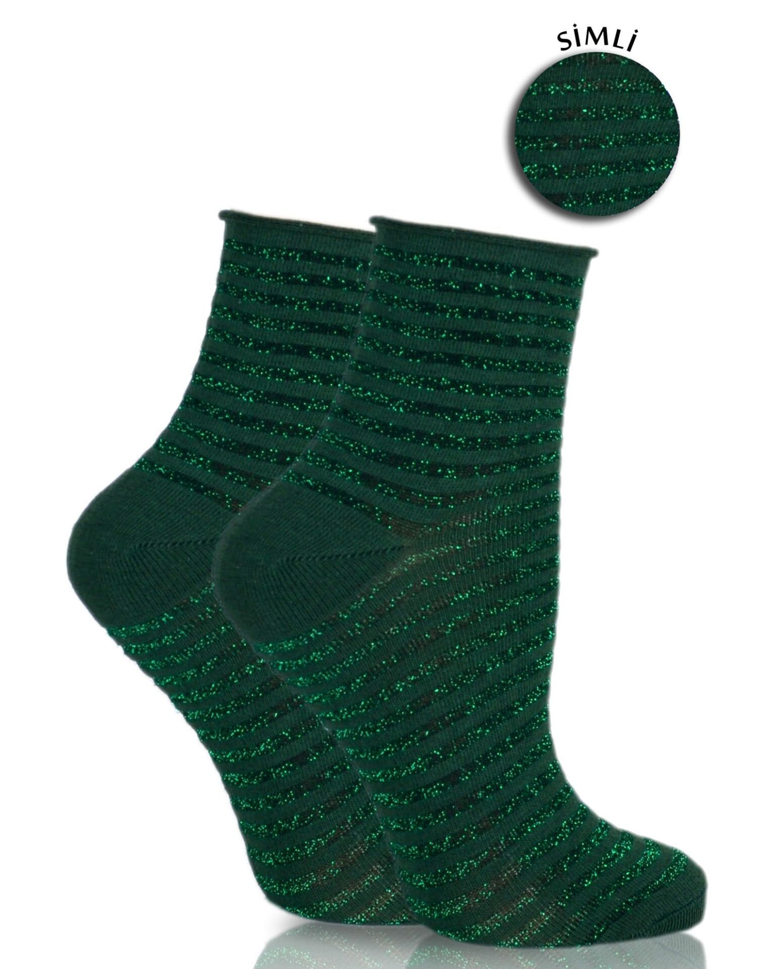 Lastiksiz Çizgili Yeşil Simli Çorap Cırcle