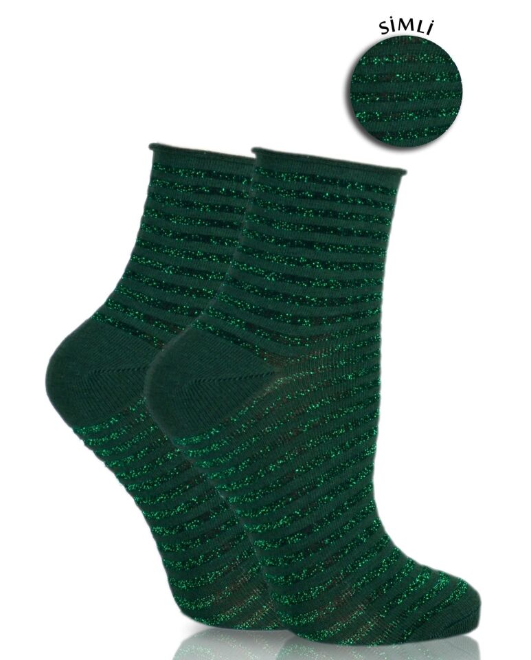 Lastiksiz Çizgili Yeşil Simli Çorap Cırcle