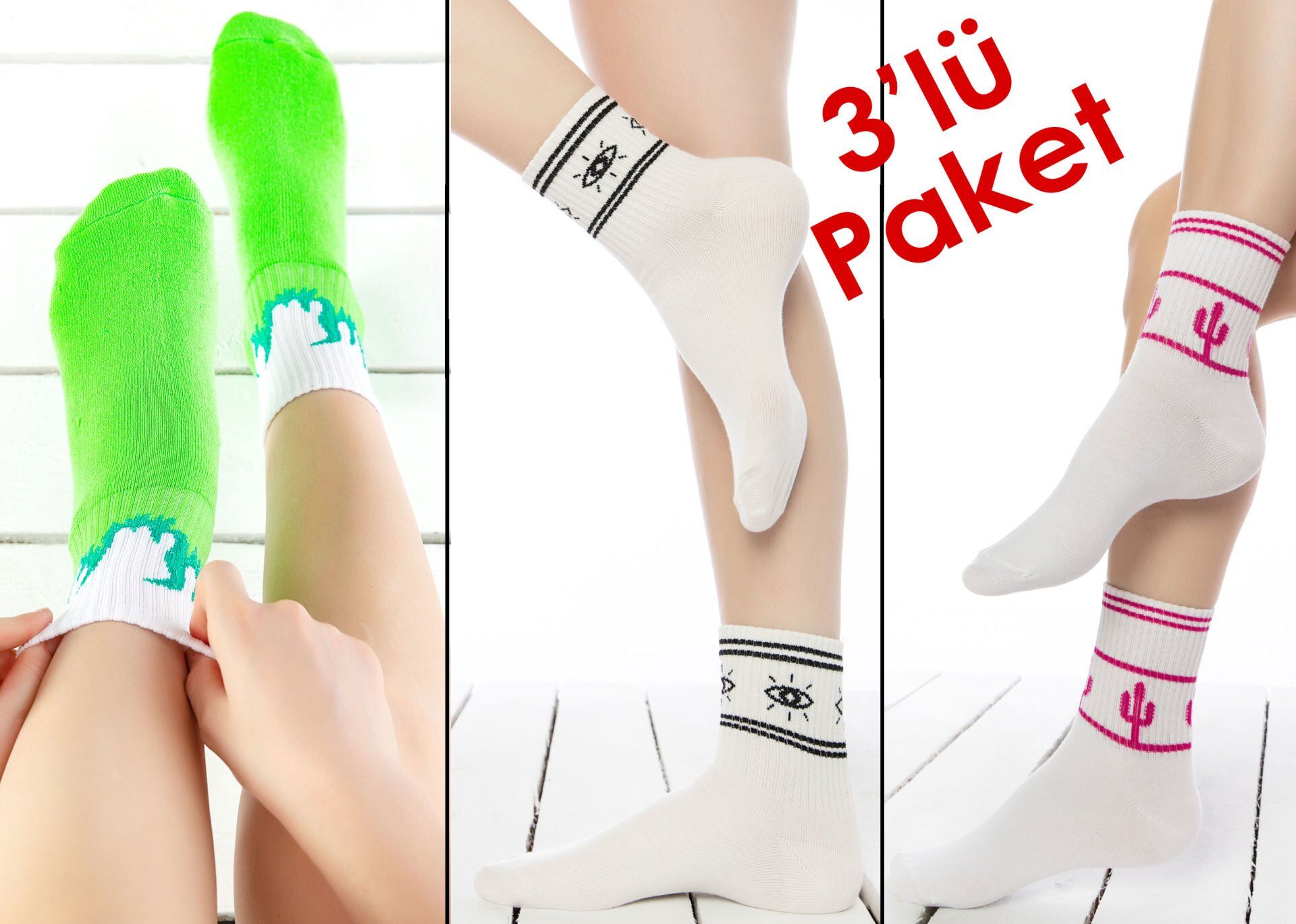 Renkli Desenli Tenis Çorapları 3'lü Ekonomik Paket