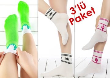 Renkli Desenli Tenis Çorapları 3'lü Ekonomik Paket