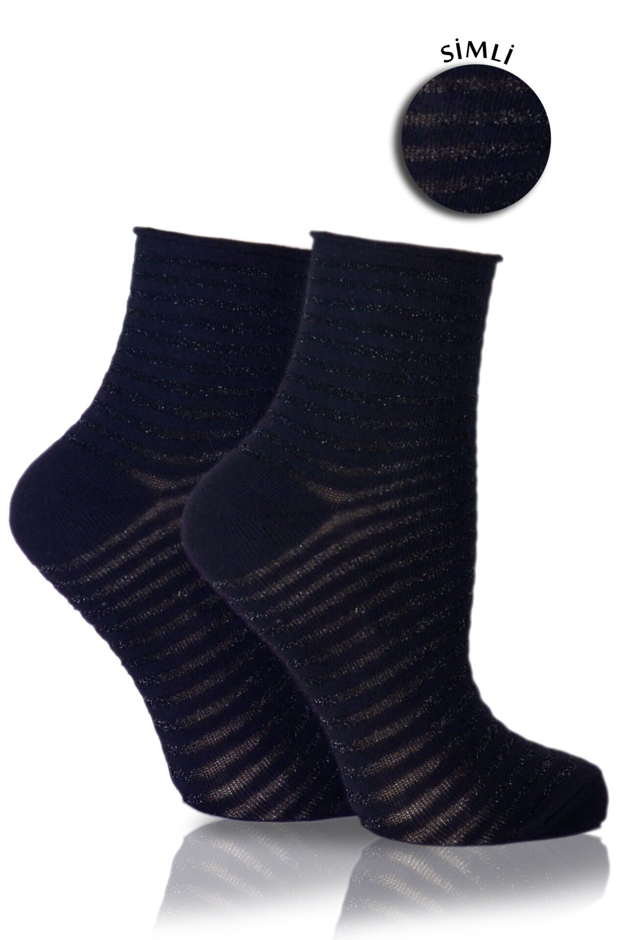 Lastiksiz Çizgili Siyah Simli Çorap Cırcle