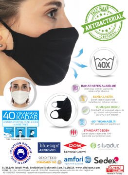 3lü Paket Steril Antibakteriyel Yıkanabilir Siyah Maske