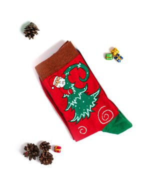 Kadın Yılbaşı Çorabı Çam Ağacı ve Noel Baba Desenli