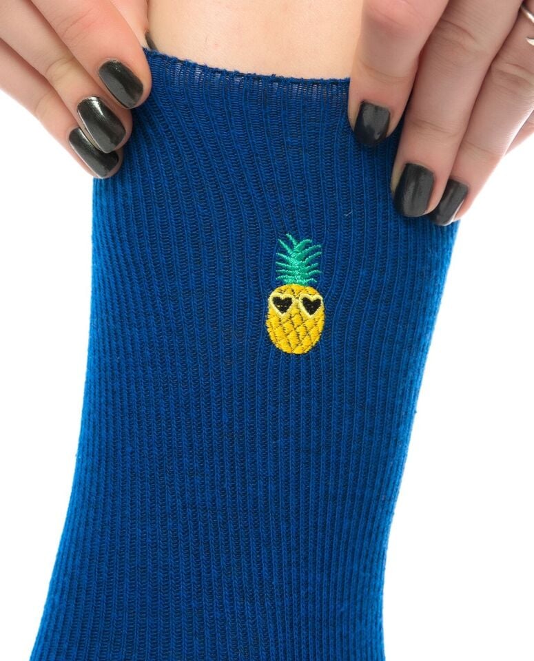 Ananas Nakışlı Saks Mavi Renk Kadın Soket Çorap