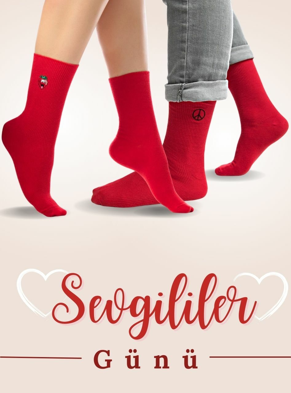 Barış Sembolü ve Çilek Nakışlı Çift Çorabı