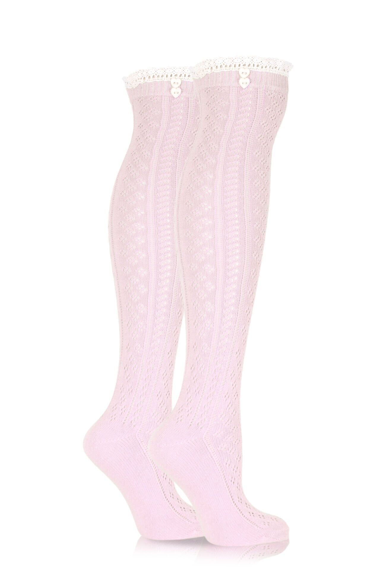 Dantel ve Düğme Detaylı Toz Pembe Diz Üstü Çorap Emily