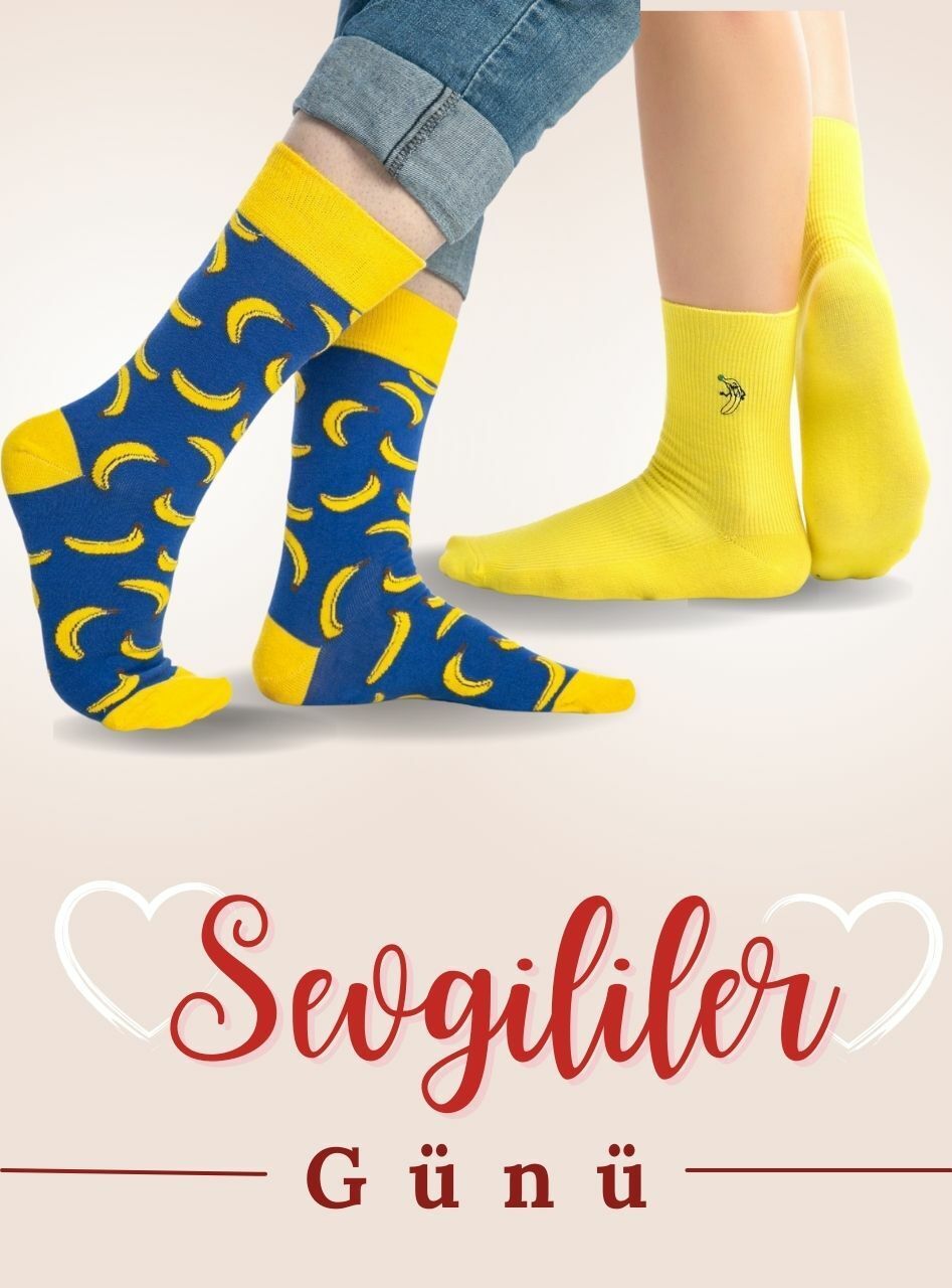 Muz Nakış ve Desenli Sevgili Soket Çorabı