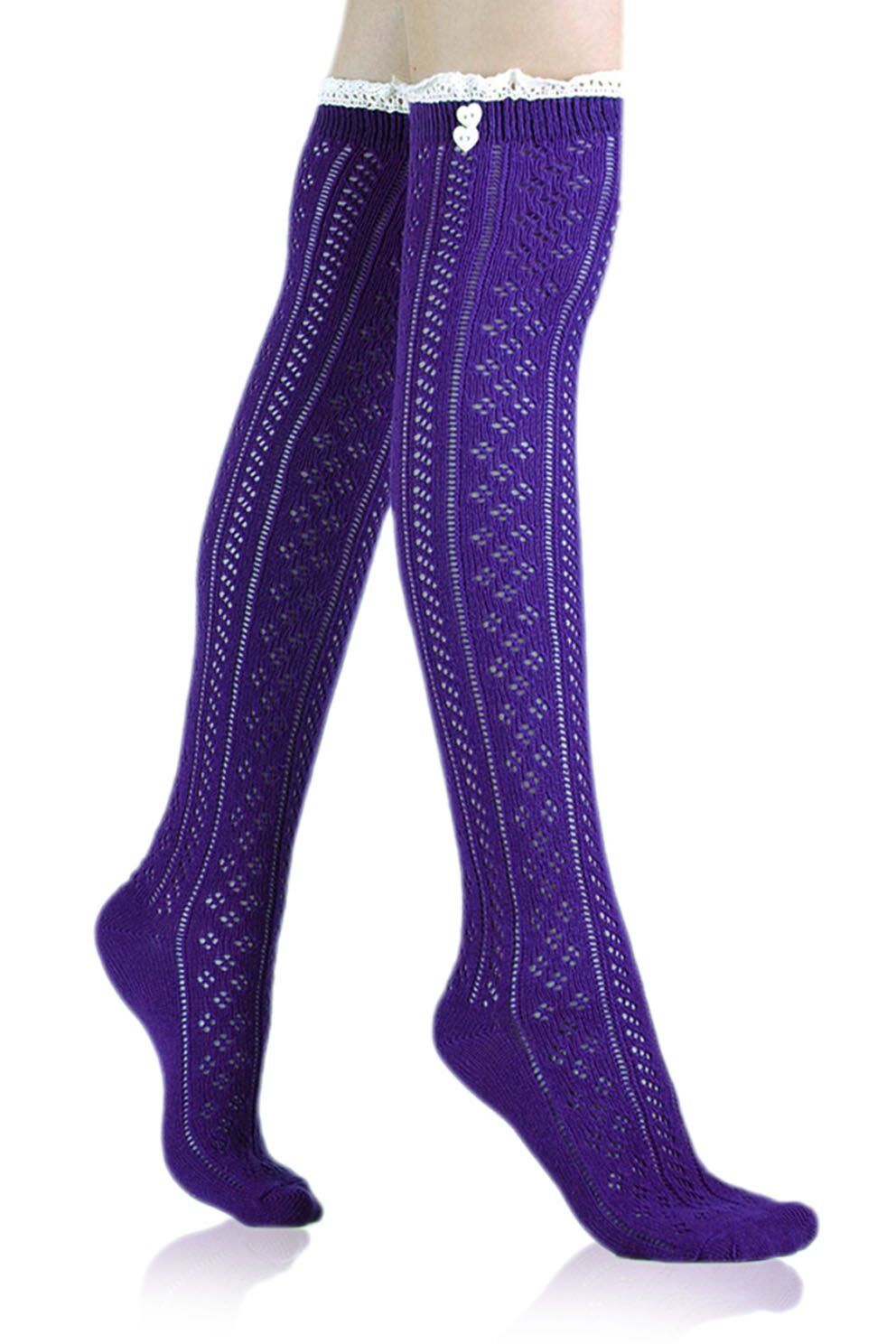 Dantel ve Düğme Detaylı Mor Diz Üstü Çorap Emily