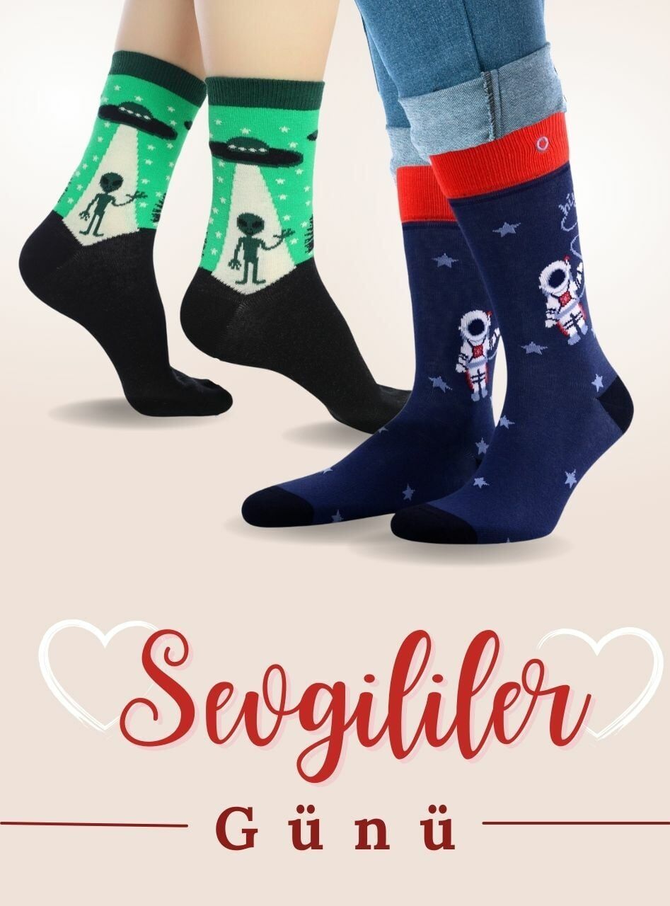 Yeşil Uzaylı ve Astranot Desenli Sevgili Çorabı