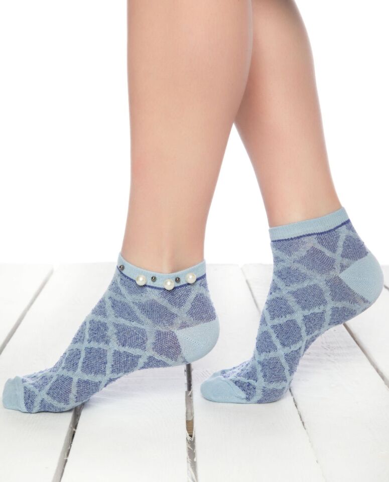 İnci Aksesuarlı Çorap Mavi Kabartmalı Pearly
