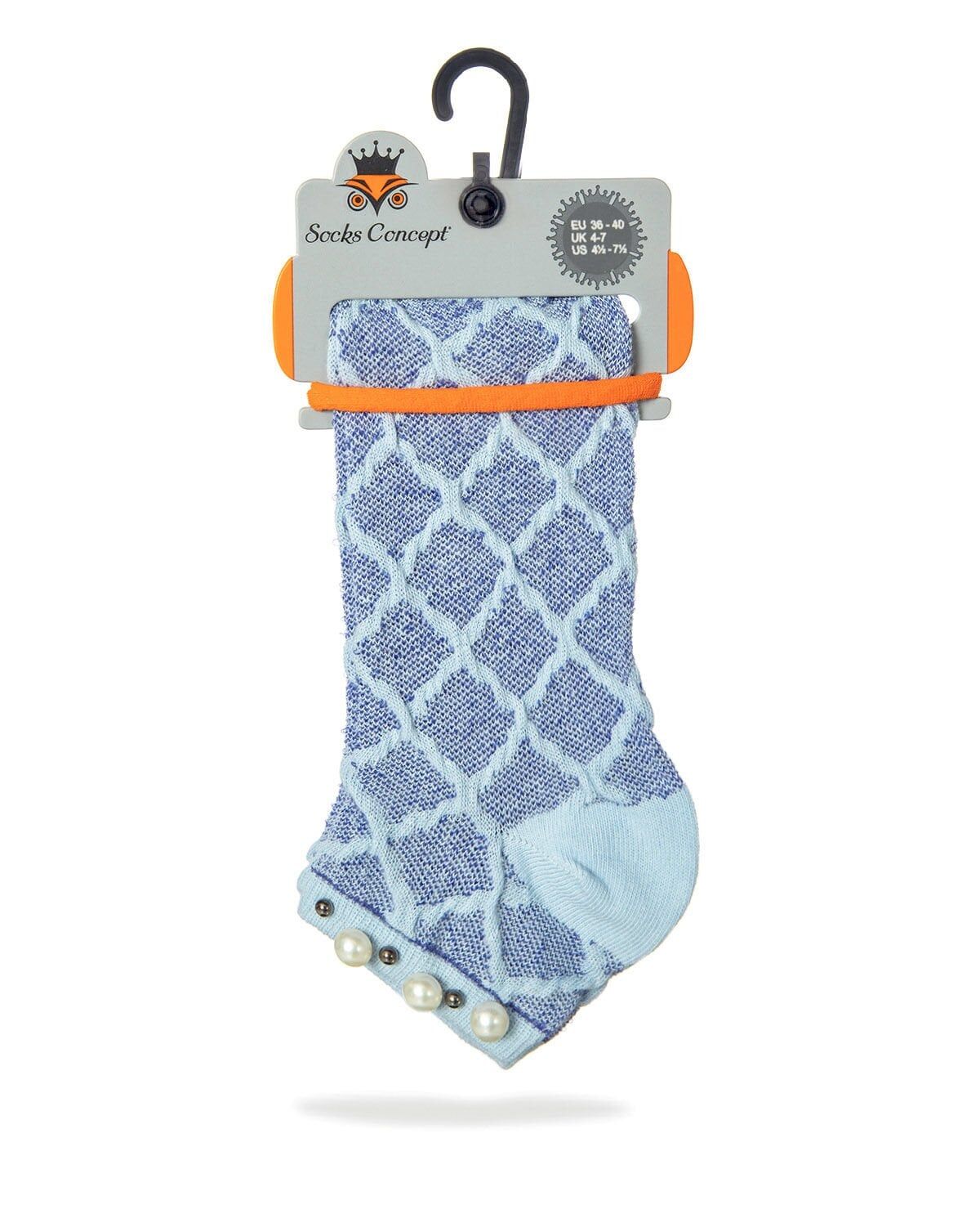 İnci Aksesuarlı Çorap Mavi Kabartmalı Pearly