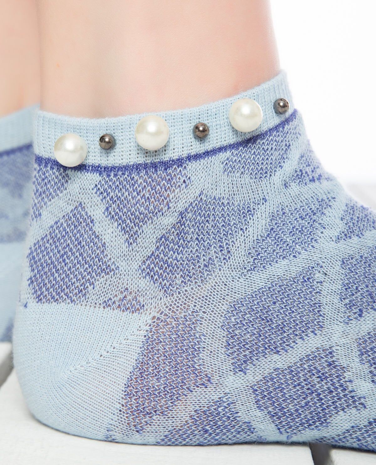 İnci Aksesuarlı Çorap Mavi Kabartmalı Pearly