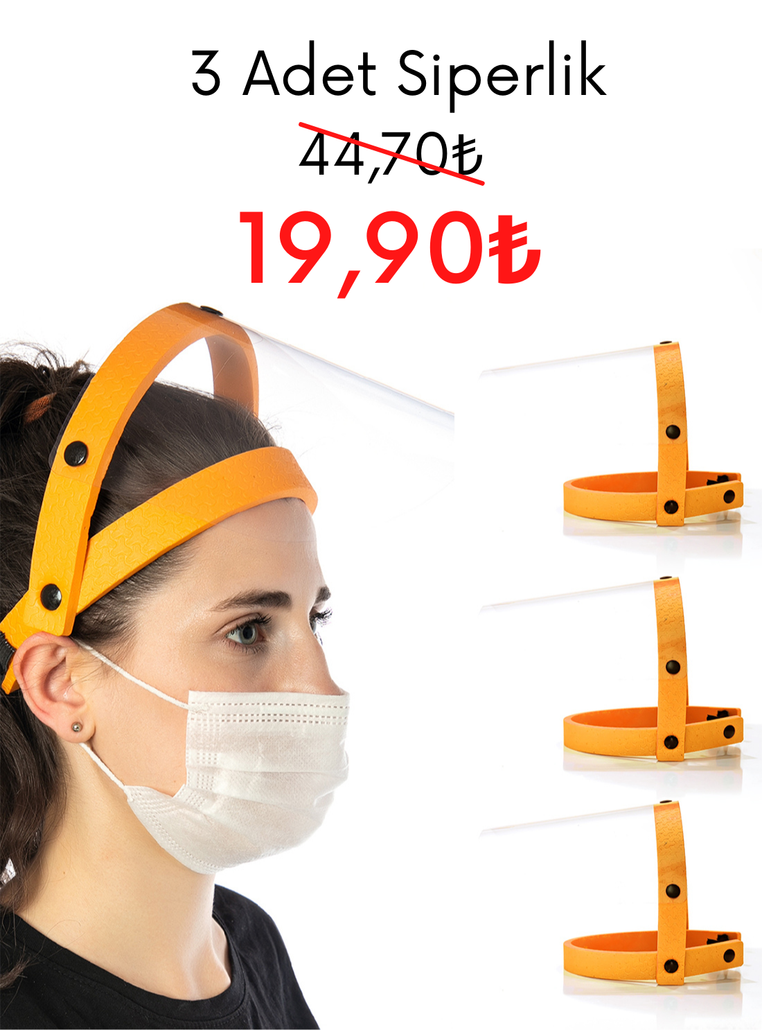 Yüz ve Göz Koruyucu Siperlik 3lü Paket Turuncu Renk