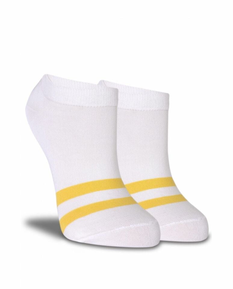 Ekru Renk Sarı Çizgili Kısa Soket Çorap