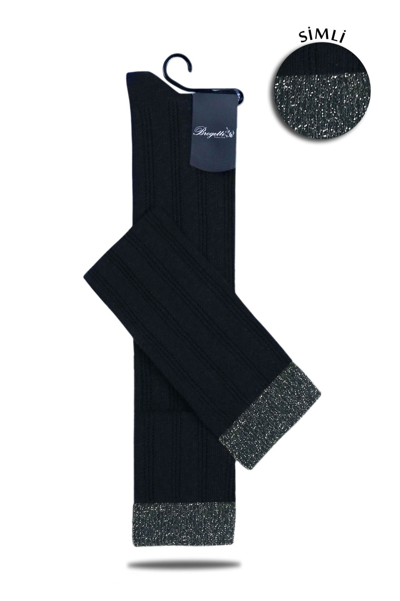Lastiği Simli Uzun Dizüstü Çorap Siyah Noble