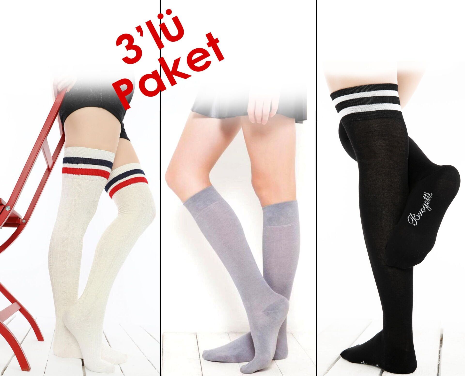 Çizgi Detaylı Dizüstü Çoraplar 3'lü Ekonomik Paket