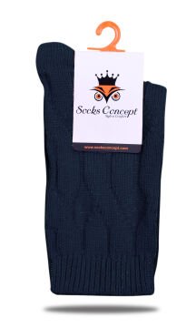 Koyu Lacivert Örgü Desen Kışlık Soket Çorap