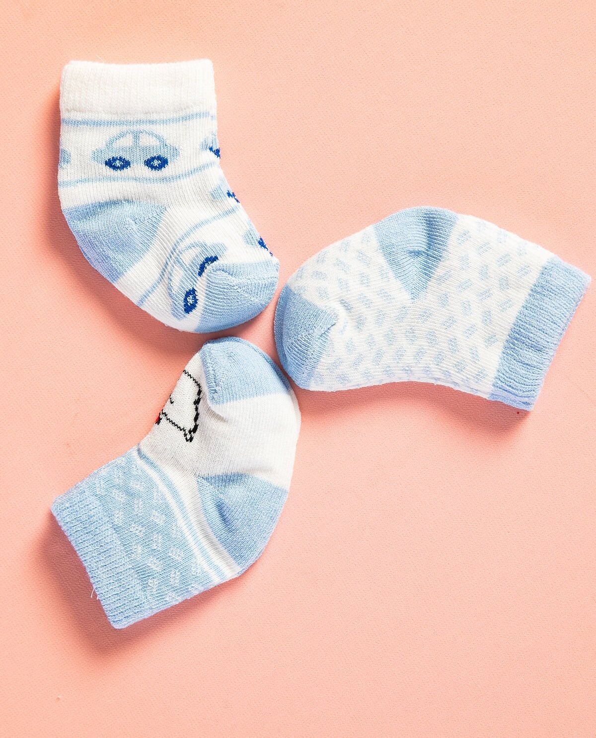 Desenli Erkek Bebek Çorabı 3lü Paket RENKLİ - 0-3 AY