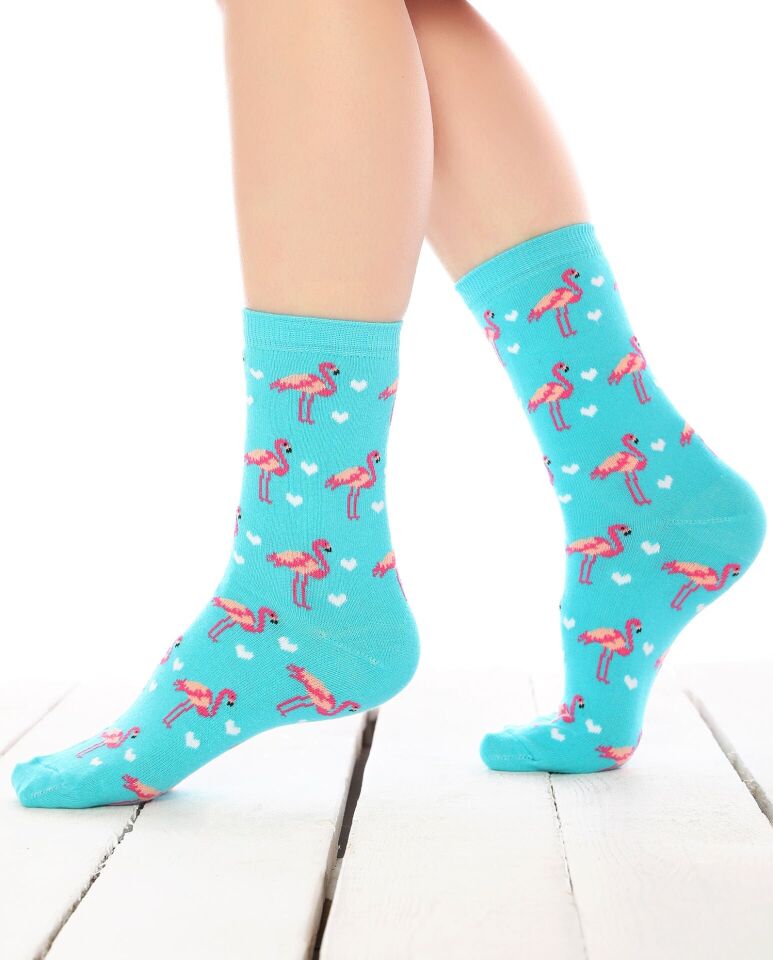 Flamingo Çorap Turkuaz Beyaz Kalpli