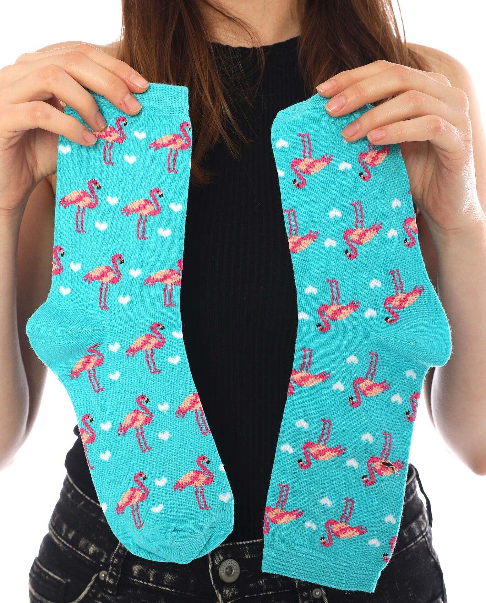 Flamingo Çorap Turkuaz Beyaz Kalpli