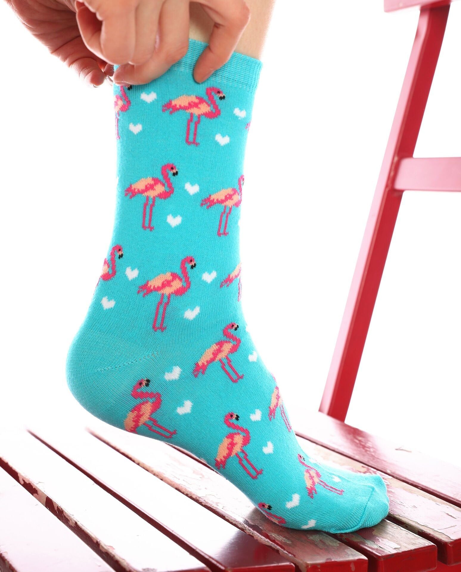 Flamingo Çorap Turkuaz Beyaz Kalpli