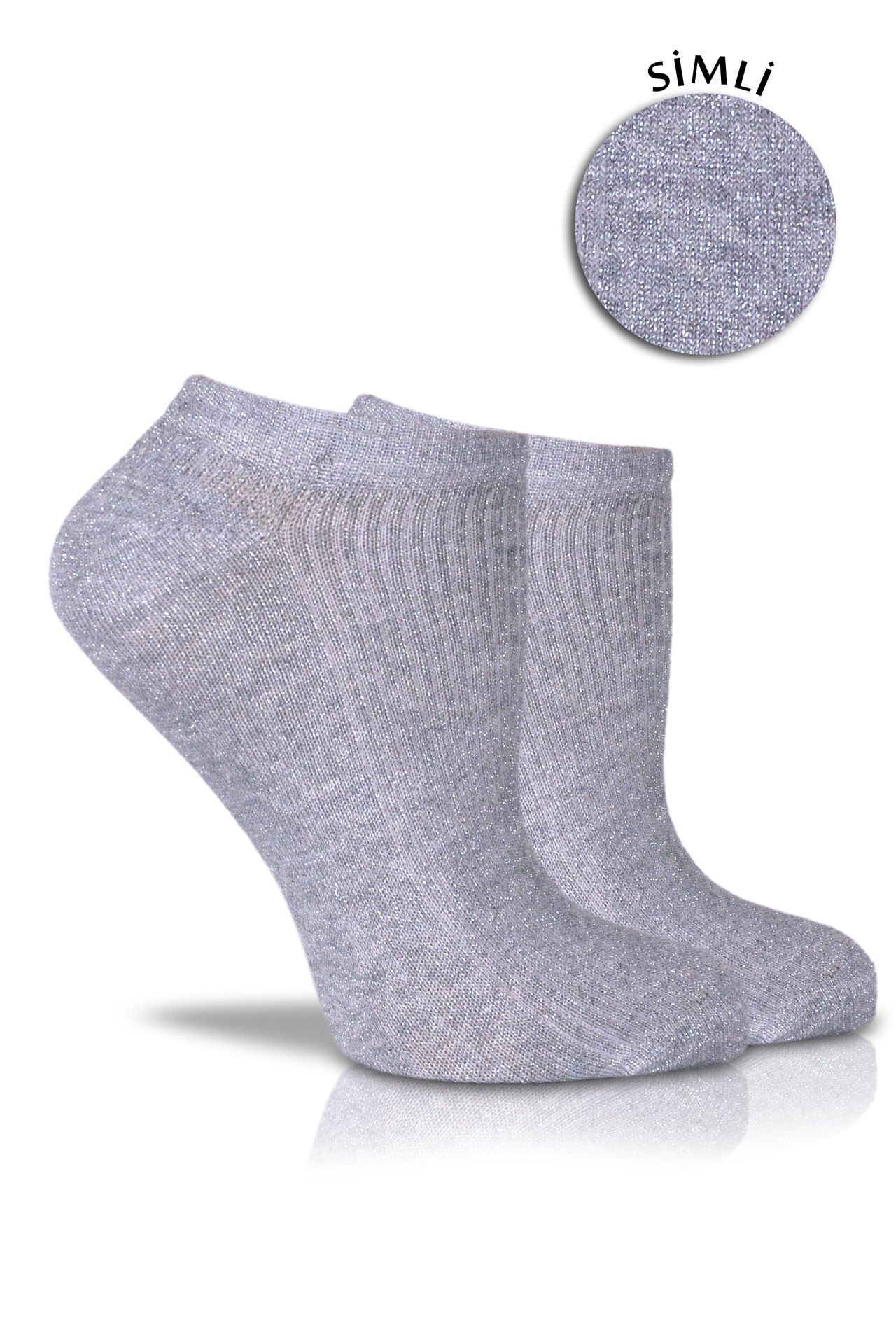 Çizgi Detaylı Gri Simli Soket Çorap
