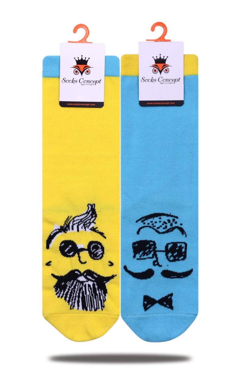 Mavi-Sarı Renk Yüz Silüeti Desen Soket Çorap RENKLİ - 35/39