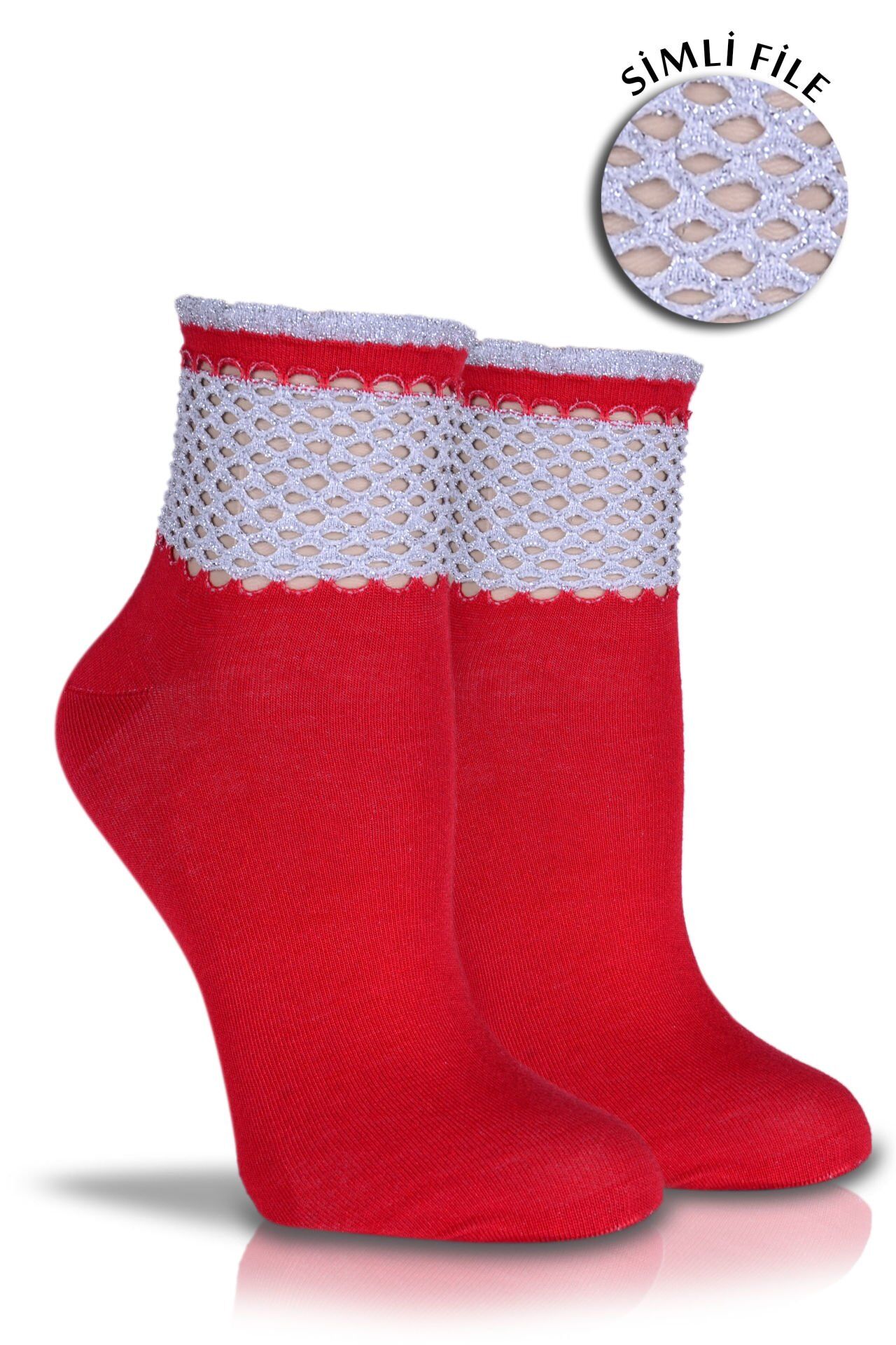 Kırmızı File Simli Soket Çorap Ansel