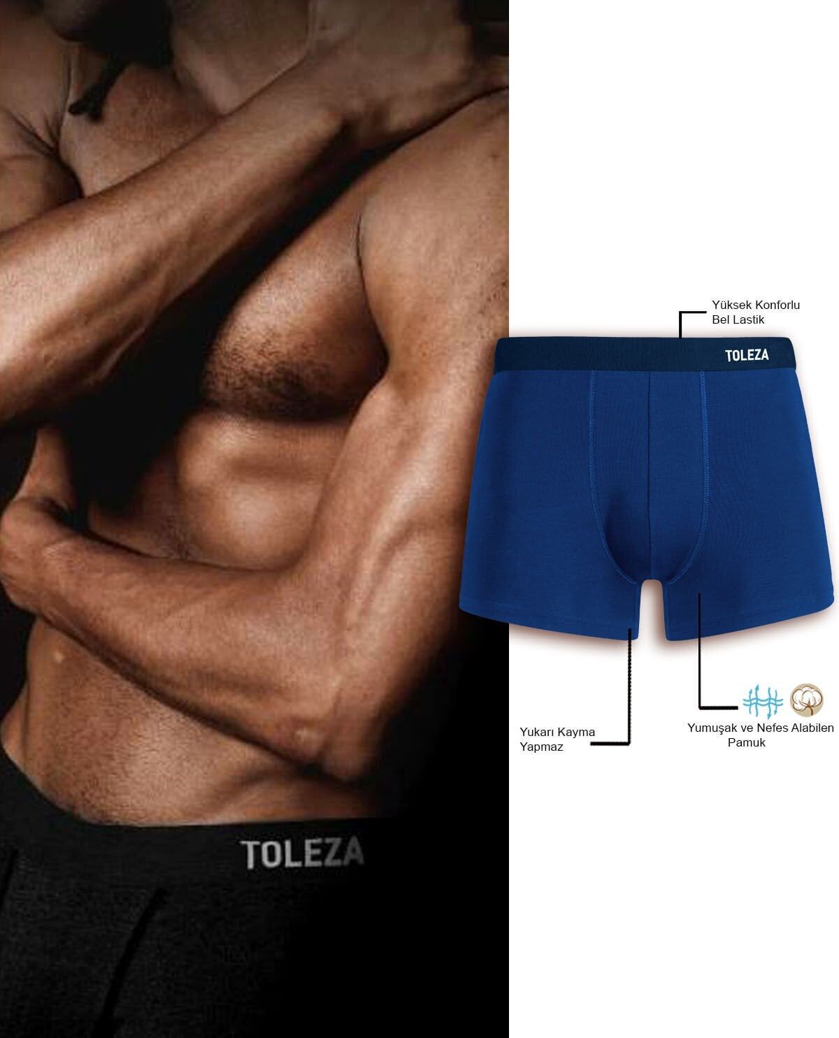 Erkek Boxer Likralı Pamuk Mavi Renk