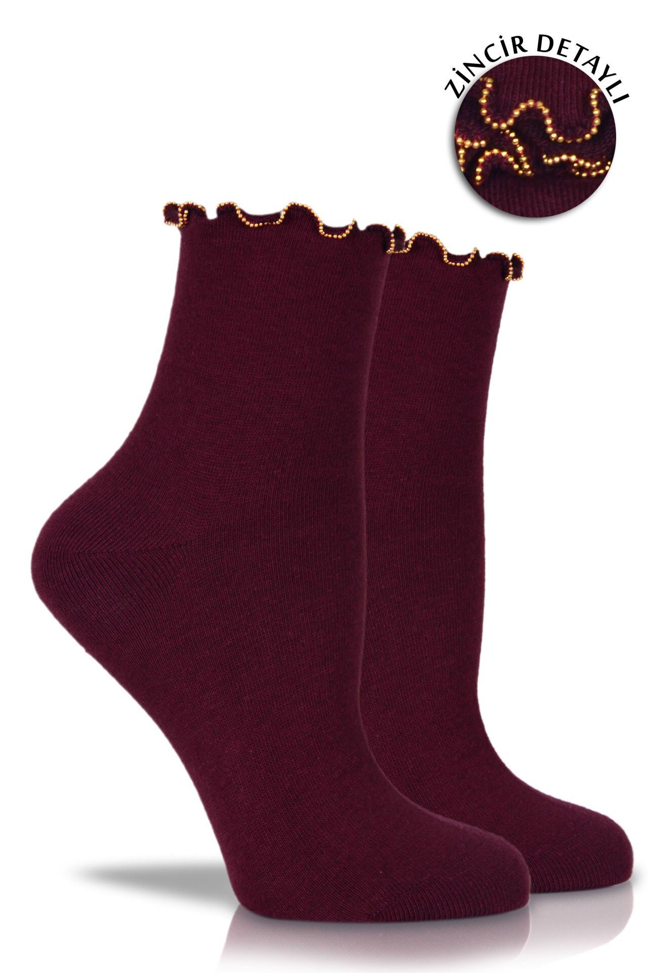 Bordo Kıvrım Taşlı Soket Çorap