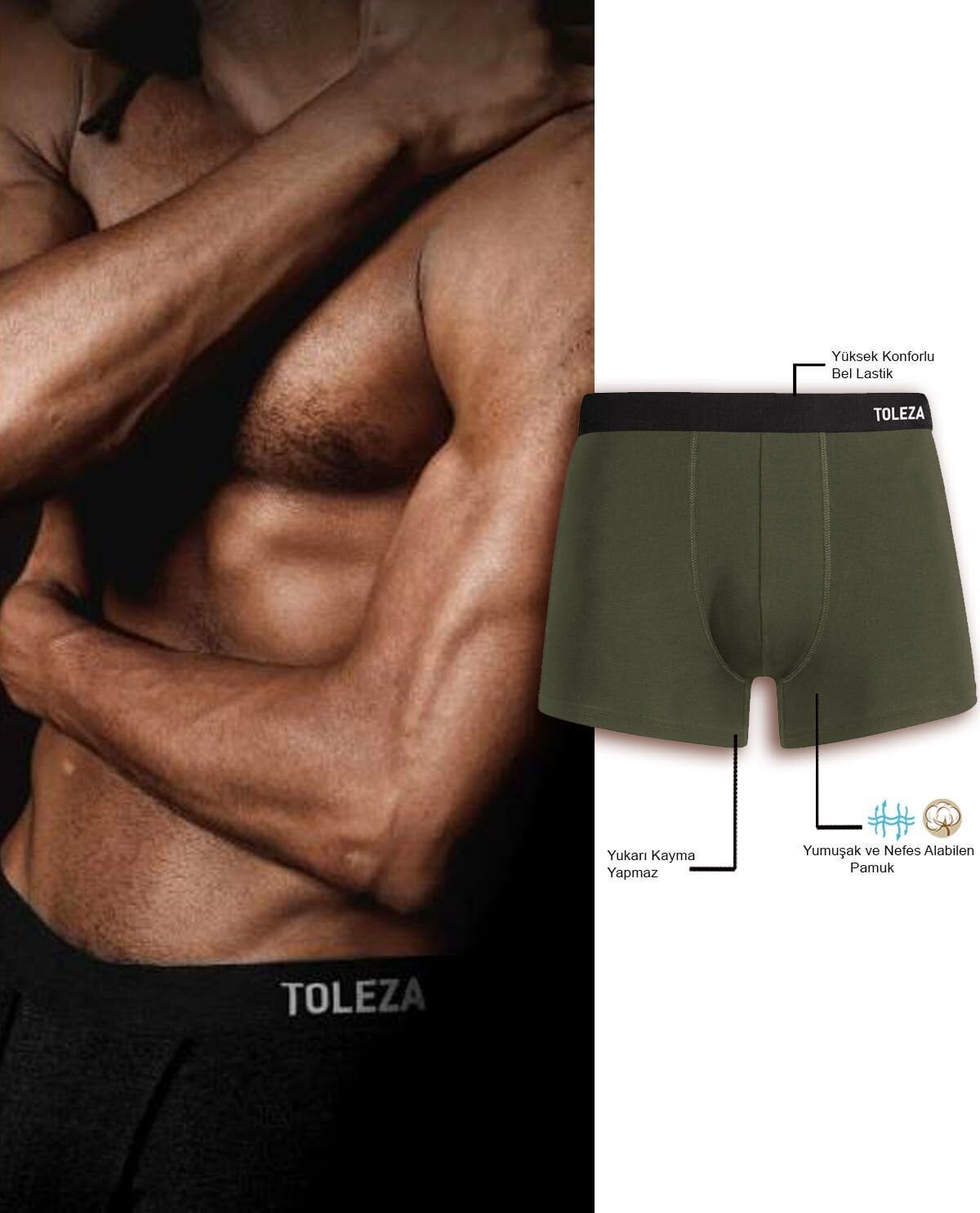 Likralı Erkek Boxer Pamuk Haki Renk