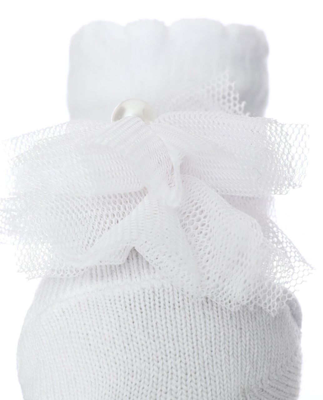 Ponpon Tül ve İnci Aksesuarlı Bebek Çorabı Beyaz - 0-6 AY