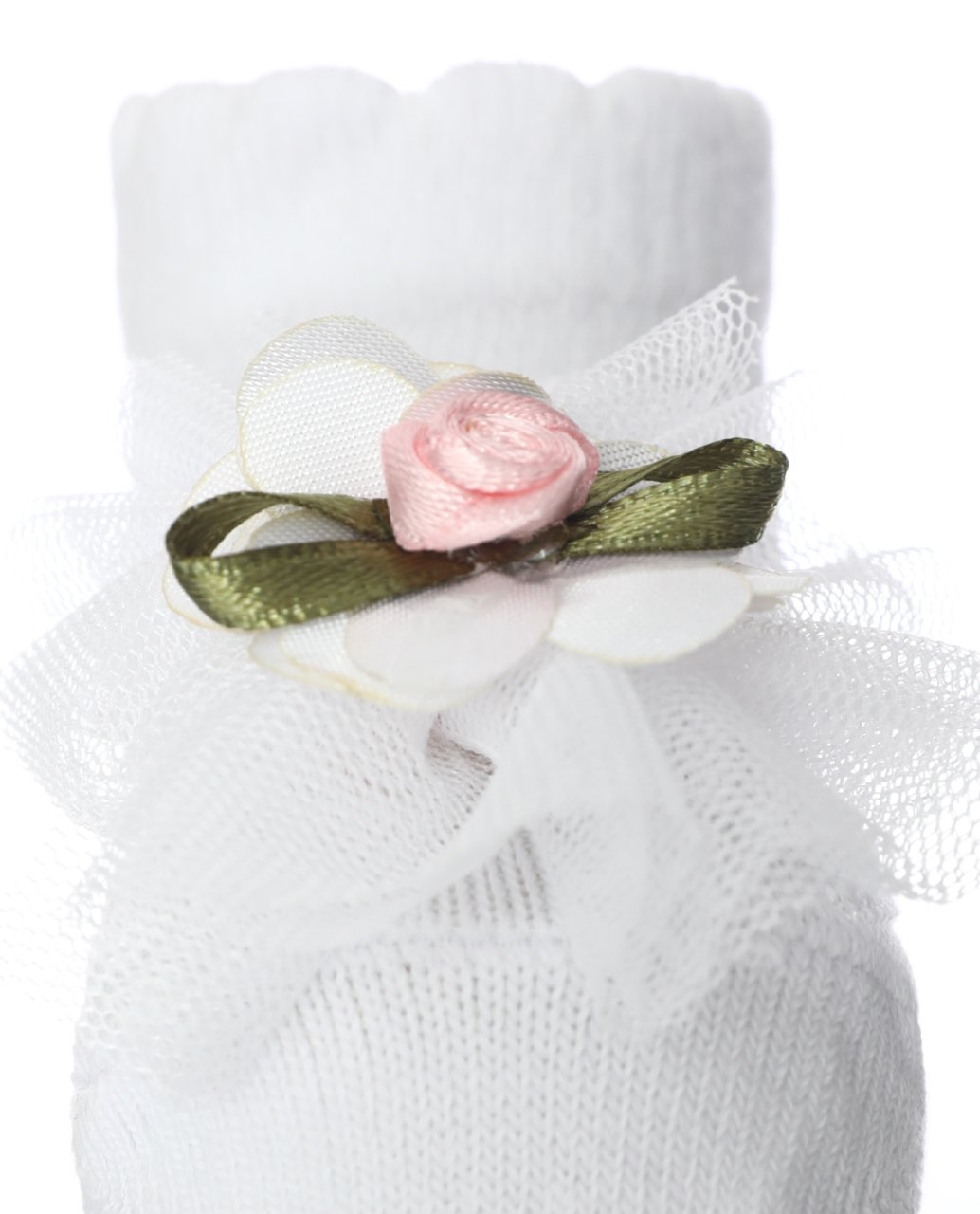 Tül ve Pembe Çiçek Aksesuarlı Bebek Çorabı Beyaz - 0-6 AY