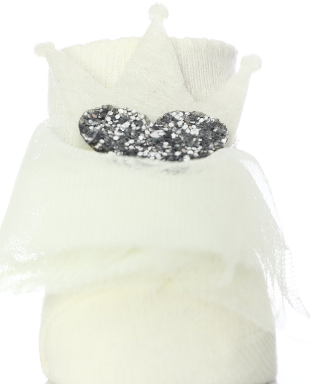 Keçe Taç ve Gümüş Kalp Aksesuarlı Bebek Çorabı EKRU - 0-6 AY