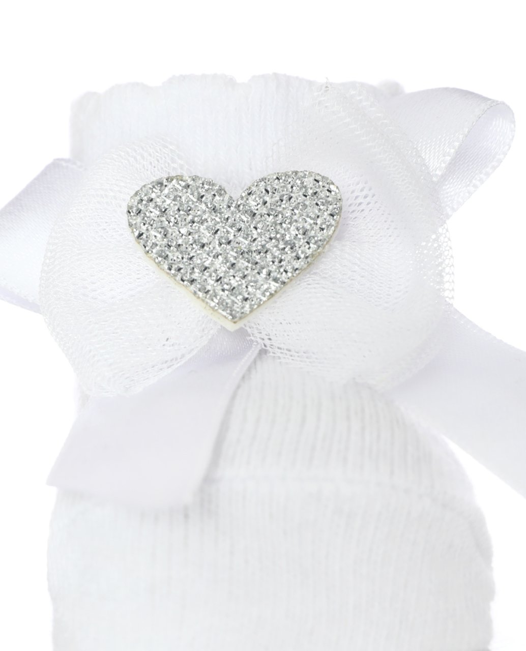 Gümüş Kalp ve Kurdela Aksesuarlı Beyaz Bebek Çorabı Beyaz - 0-6 AY