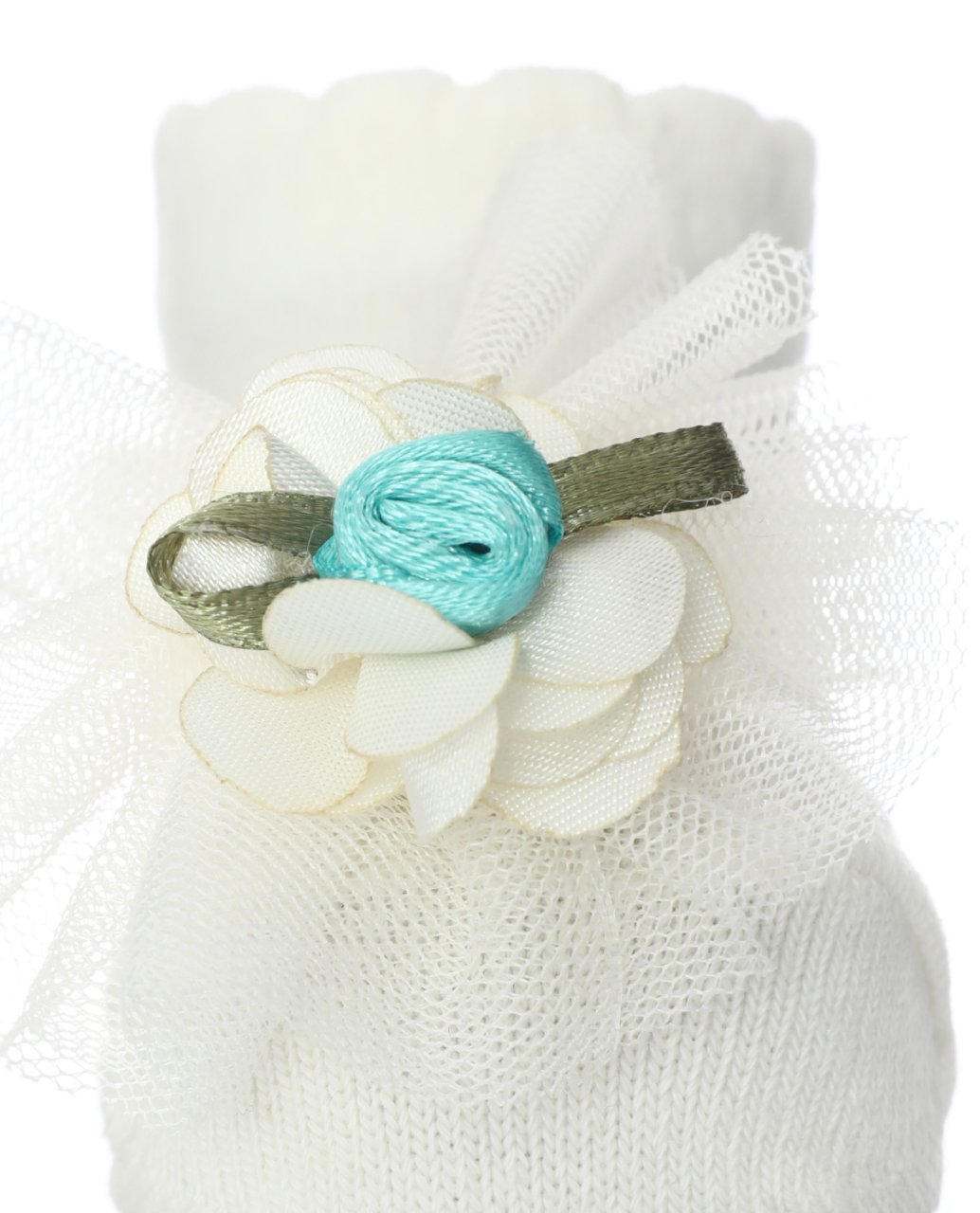 Tül ve Mavi Çiçek Aksesuarlı Bebek Çorabı EKRU - 0-6 AY