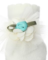 Tül ve Mavi Çiçek Aksesuarlı Bebek Çorabı EKRU - 0-6 AY