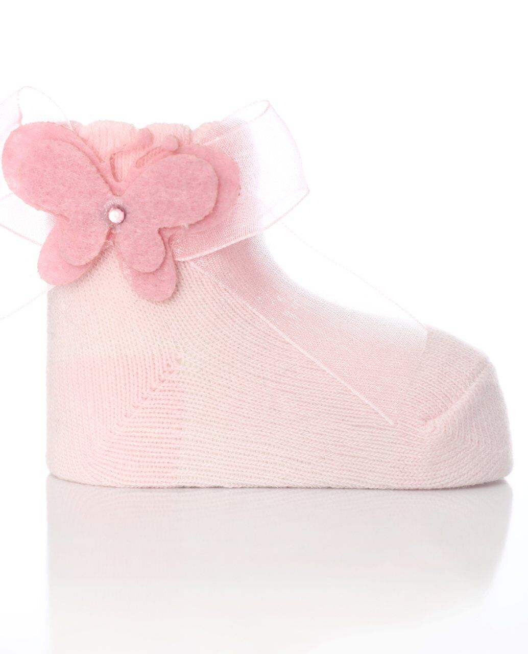 Kelebek ve Kurdela Aksesuarlı Pembe Bebek Çorabı PEMBE - 0-6 AY