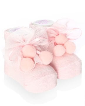Ponpon ve Tül Aksesuarlı Pembe Bebek Çorabı