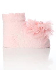 Ponpon Tül ve İnci Aksesuarlı Pembe Bebek Çorabı PEMBE - 0-6 AY