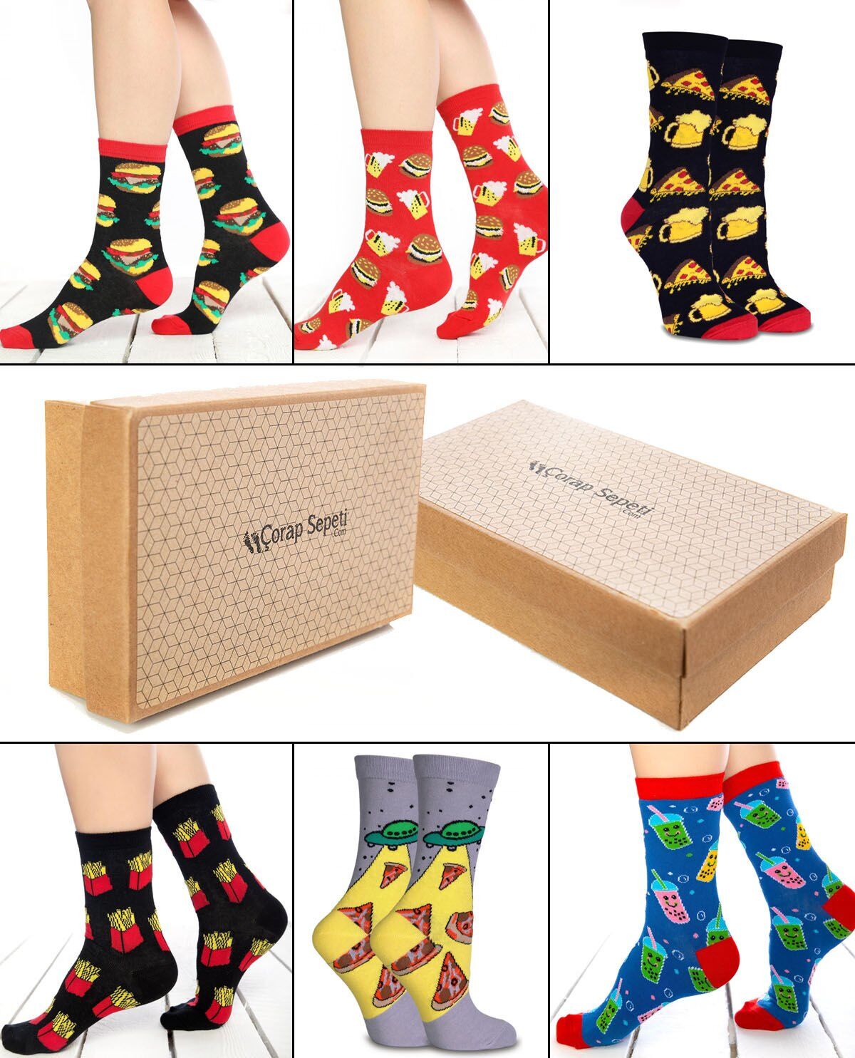 6lı Fast Food Yiyecek ve İçecek Desenli Çoraplar