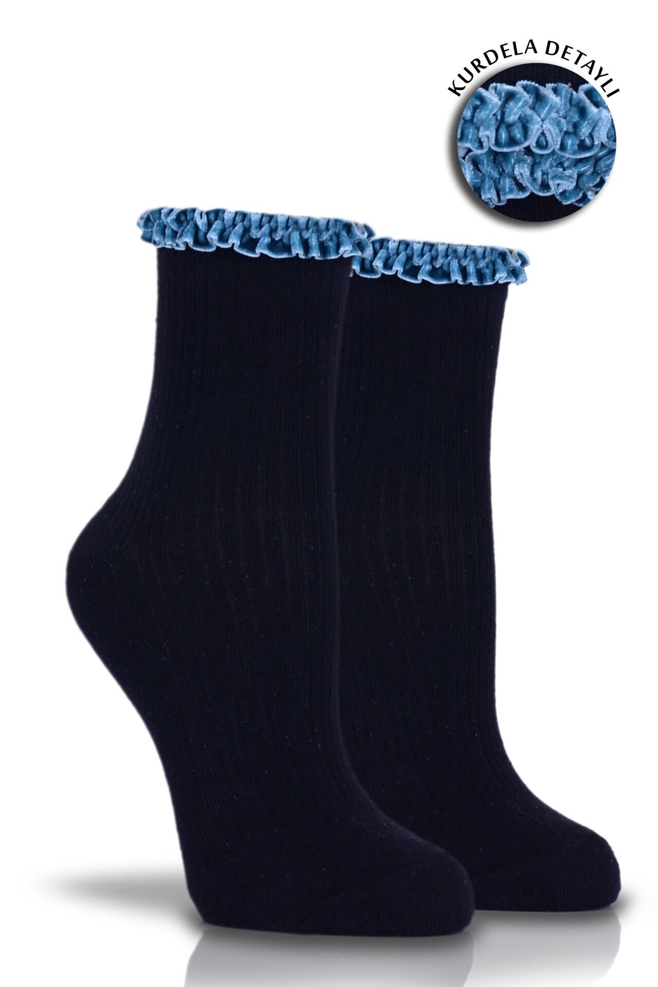 Turkuaz Kadife Kurdela Aksesuarlı Soket Çorap