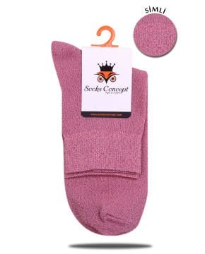 Pembe Renk  Simli Soket Çorap