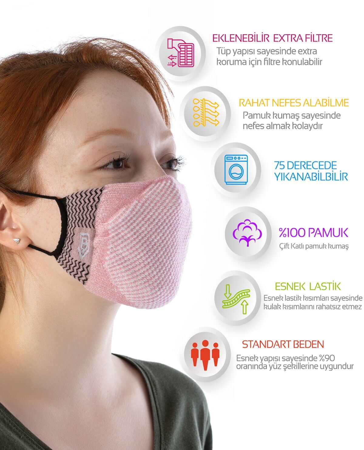 Yıkanılabilir Maske Pamuk Pembe Renk Esnek Lastikli