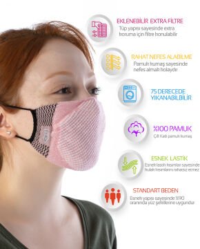 Yıkanılabilir Maske Pamuk Pembe Renk Esnek Lastikli