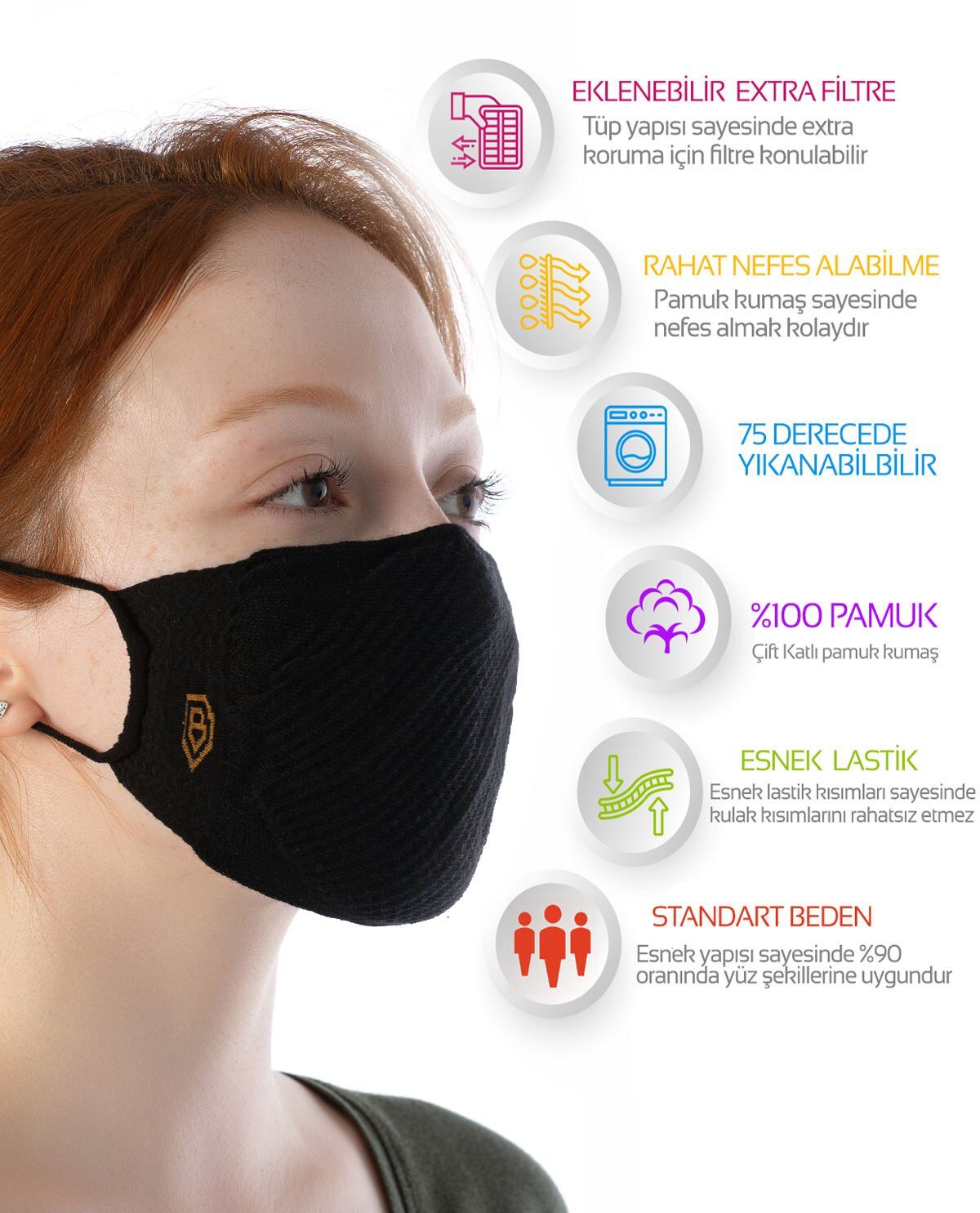 Yıkanılabilir Maske Pamuk Siyah Renk Esnek Lastikli